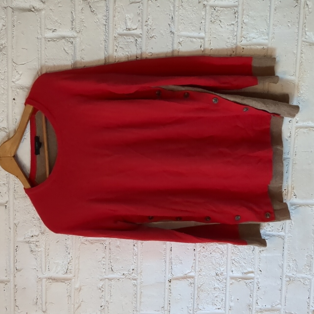 J Crew Red and Camel Side Button Colorblock Sweater